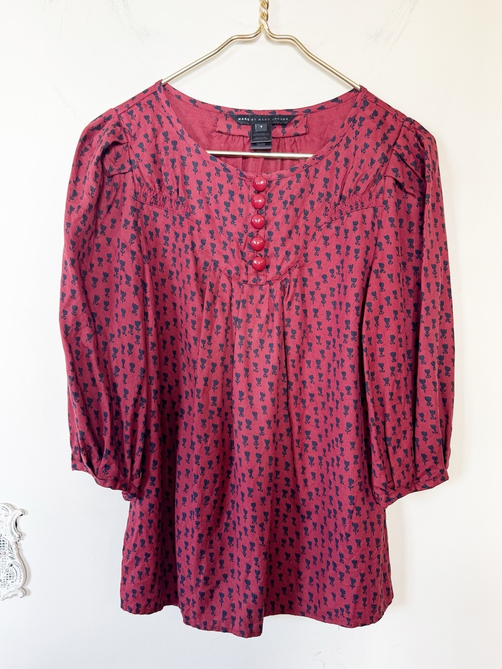 Marc Jacobs Burgundy and Navy Floral Retro Button Silk Blouse 4